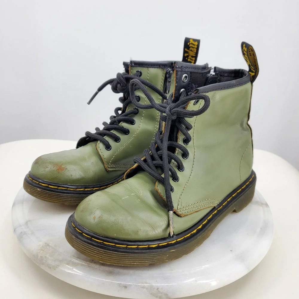 Dr. Martens 1460 J Kids Olive Green Leather Lace Up Side Zip Boots Size 2 US